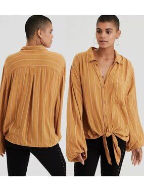 AMERICAN EAGLE Striped Tie Front Shirt Mustard Yellow Balloon Sleeve Button Down